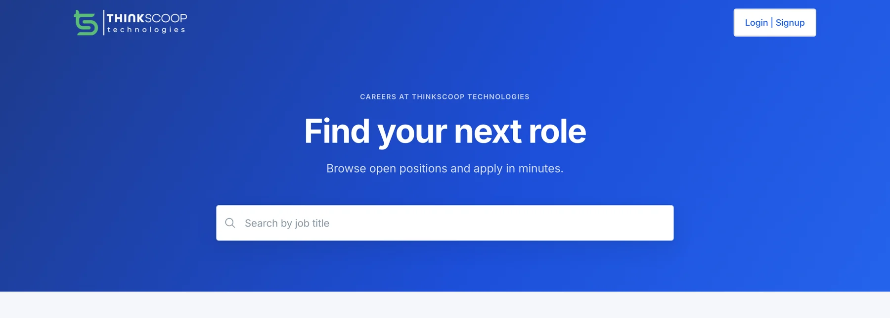 A company's careers page on RolePass: their own logo on a full width band in their own blue, headed Careers at Thinkscoop Technologies, with a search box for job titles.