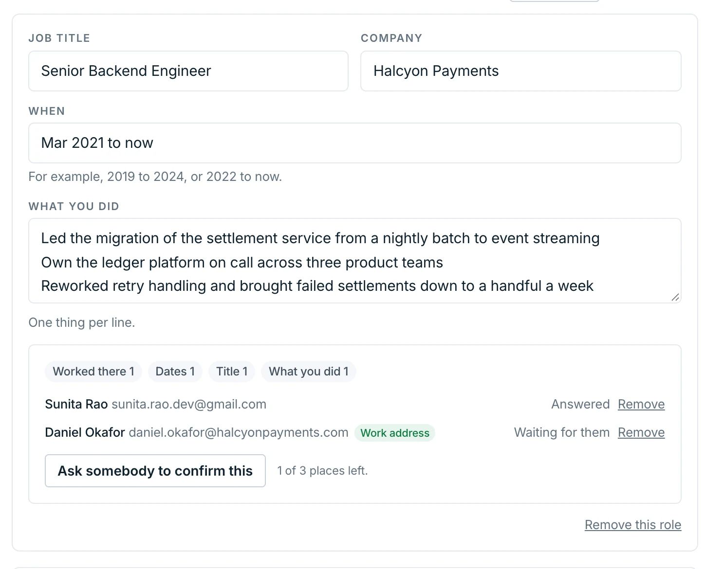 A role being edited on a RolePass profile: the job title, the company, the dates, and the things done in it listed one per line.