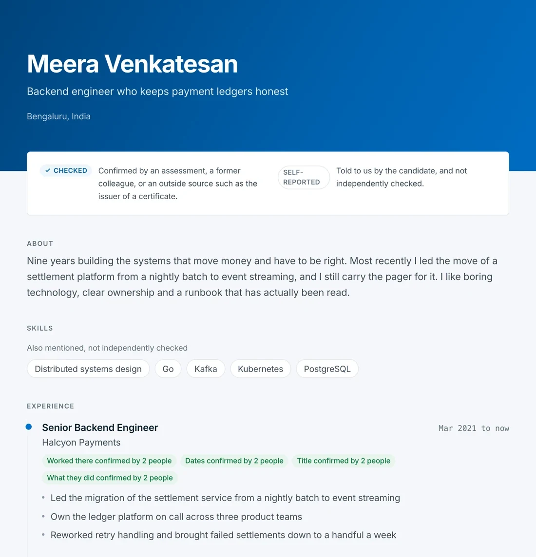 A published RolePass record. The person's name and headline sit at the top, and under each role the individual facts carry their own mark: employment confirmed by HR, dates confirmed, title corrected by their manager, and what they did confirmed by two colleagues.